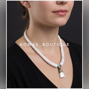 Native American heishi shell necklace with a multi-stone inlay pendant